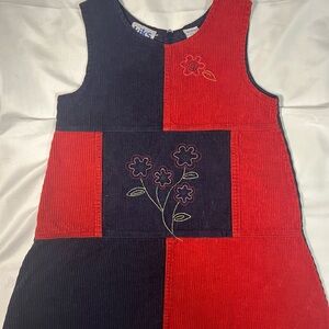 Vintage Kiks Corduroy Dress Girls 5T Blue Red Floral Patch Cotton Embroidery